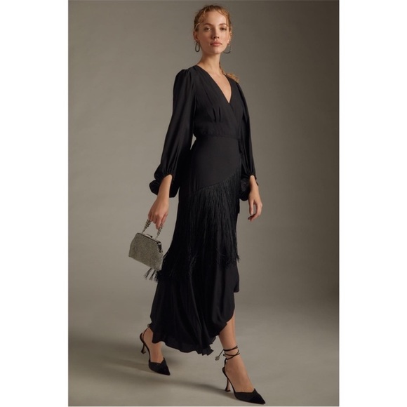 Anthropologie Hutch Fringe Wrap Dress in Black Size S NWT - Picture 1 of 11